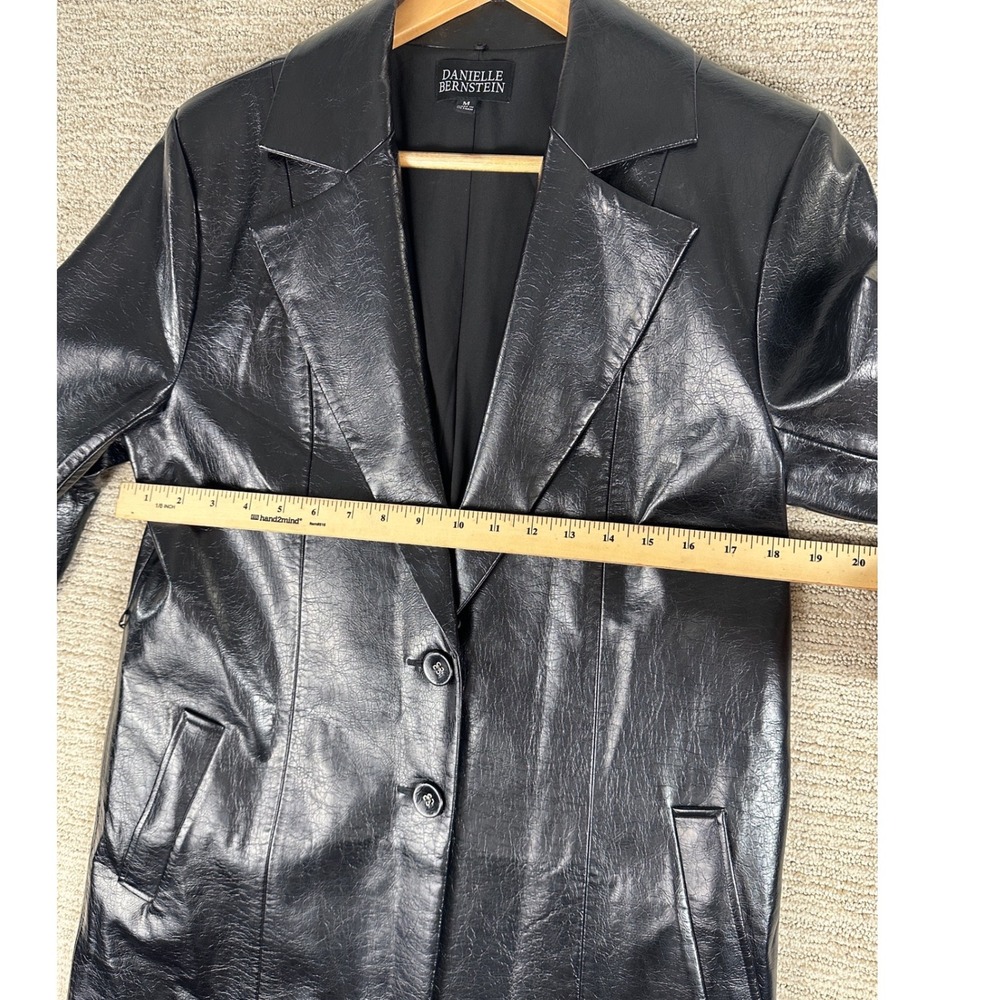 Danielle Bernstein Black Faux Leather Trench Coat Long Jacket Textured Vegan M - Picture 4 of 13